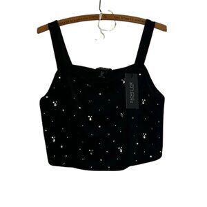 NWT Rachel Zoe Silver Rhinestone Black Velvet Cropped Tank Top Large